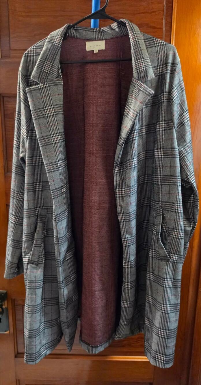 Melloday 3X Plaid Longline Cardigan Blazer Open Front Coatigan Gray Red